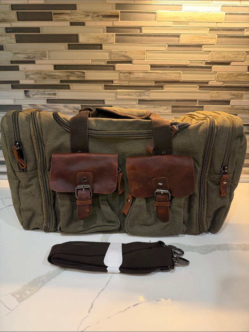 Source Unknown Olive Green Canvas waxed water Duffel with Brown Leather Flap